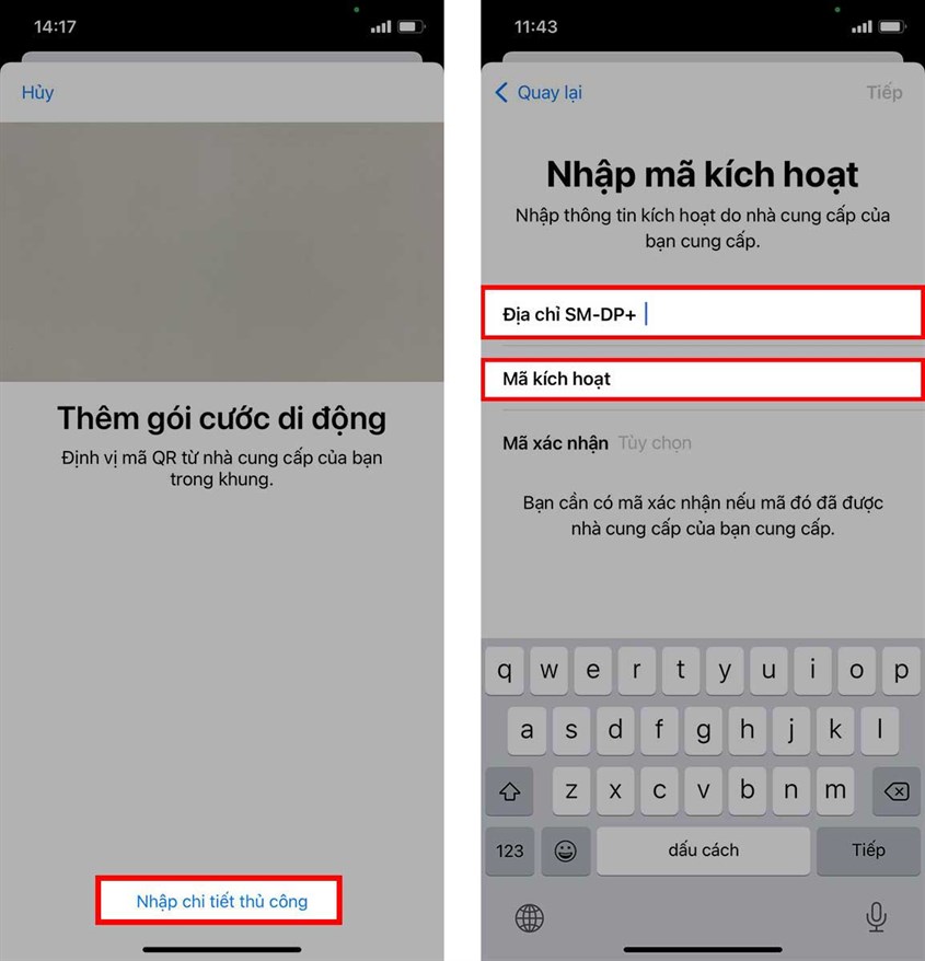 Cài đặt eSIM iPhone bằng cách nhập thủ công