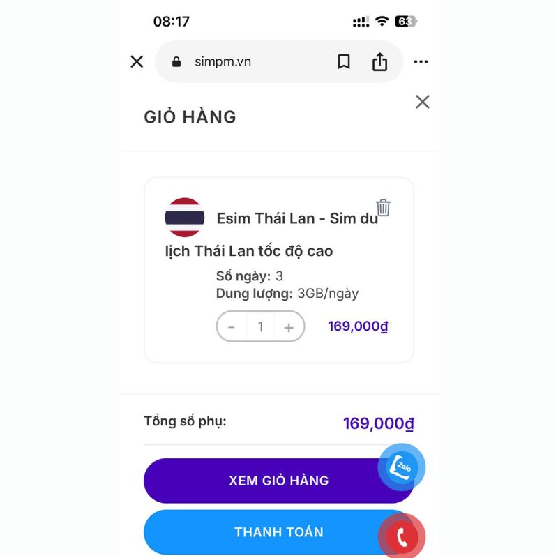 Thêm eSIM vào giỏ hàng và kiểm tra thông tin