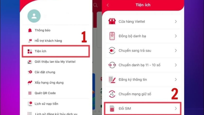 Truy cập chức năng đổi SIM