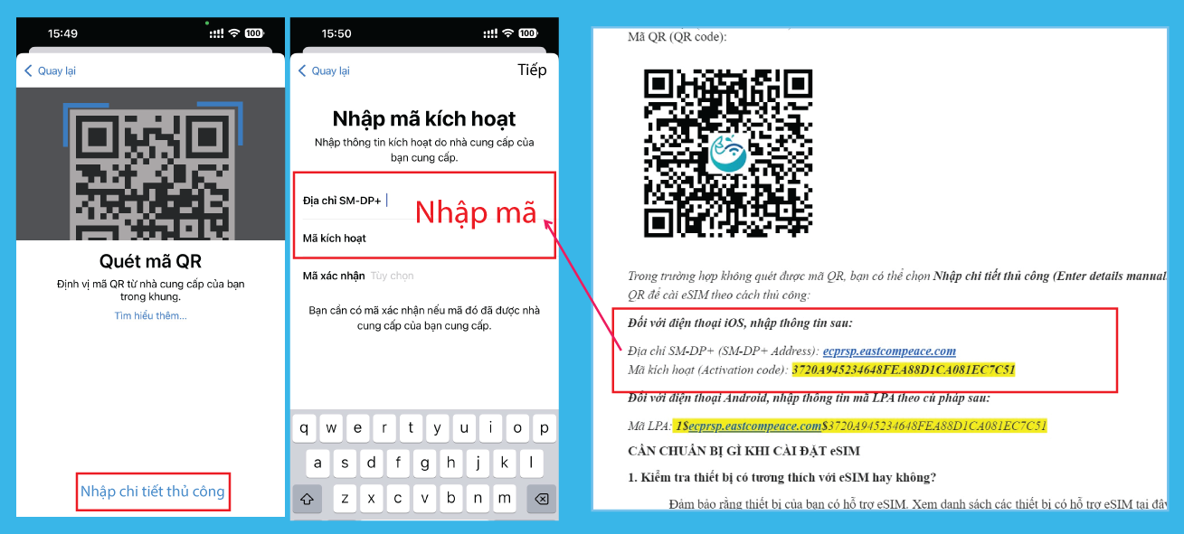 Kích hoạt eSIM trên iPhone (thủ công) 