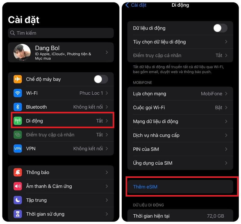 Nếu iPhone của bạn có hỗ trợ eSIM, hệ thống sẽ xuất hiện lựa chọn Thêm eSIM