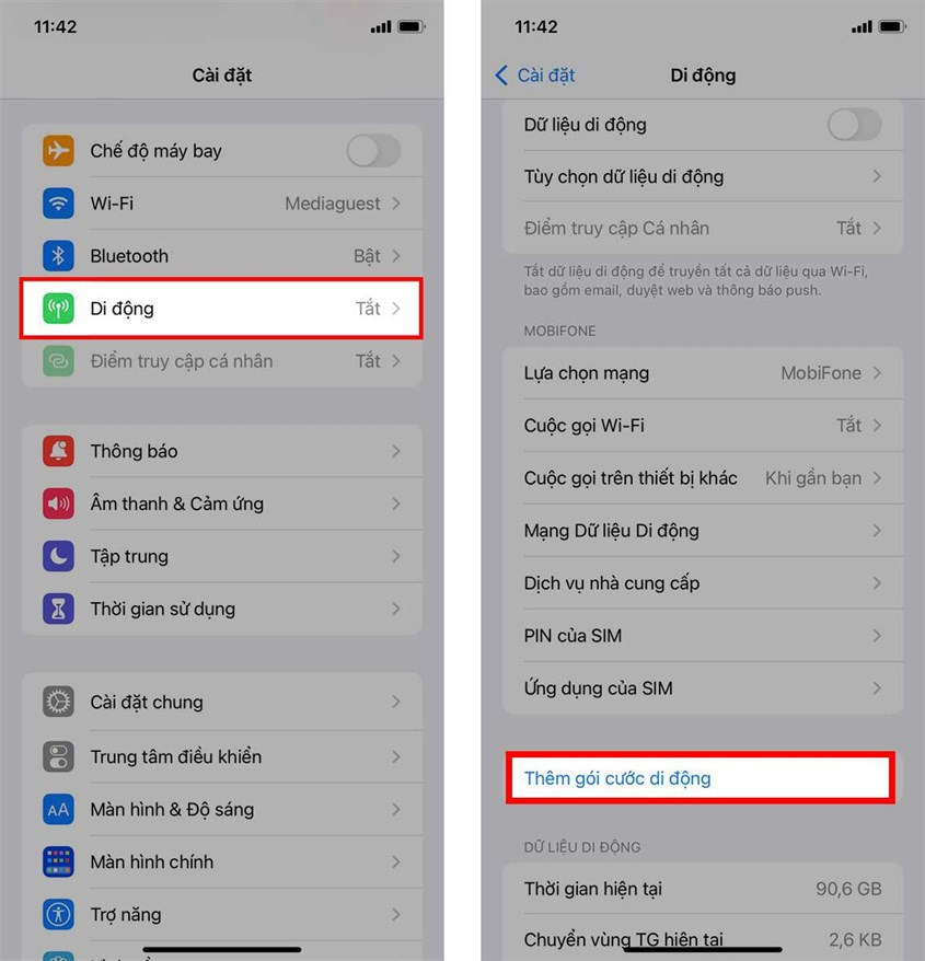 Mở đúng mục thêm gói cước