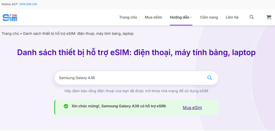 Kiểm tra eSIM trên website SimPM