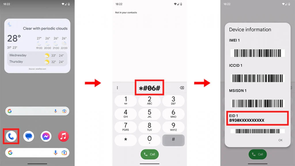 Quay mã *#06# và bấm nút gọi để kiểm tra eSIM