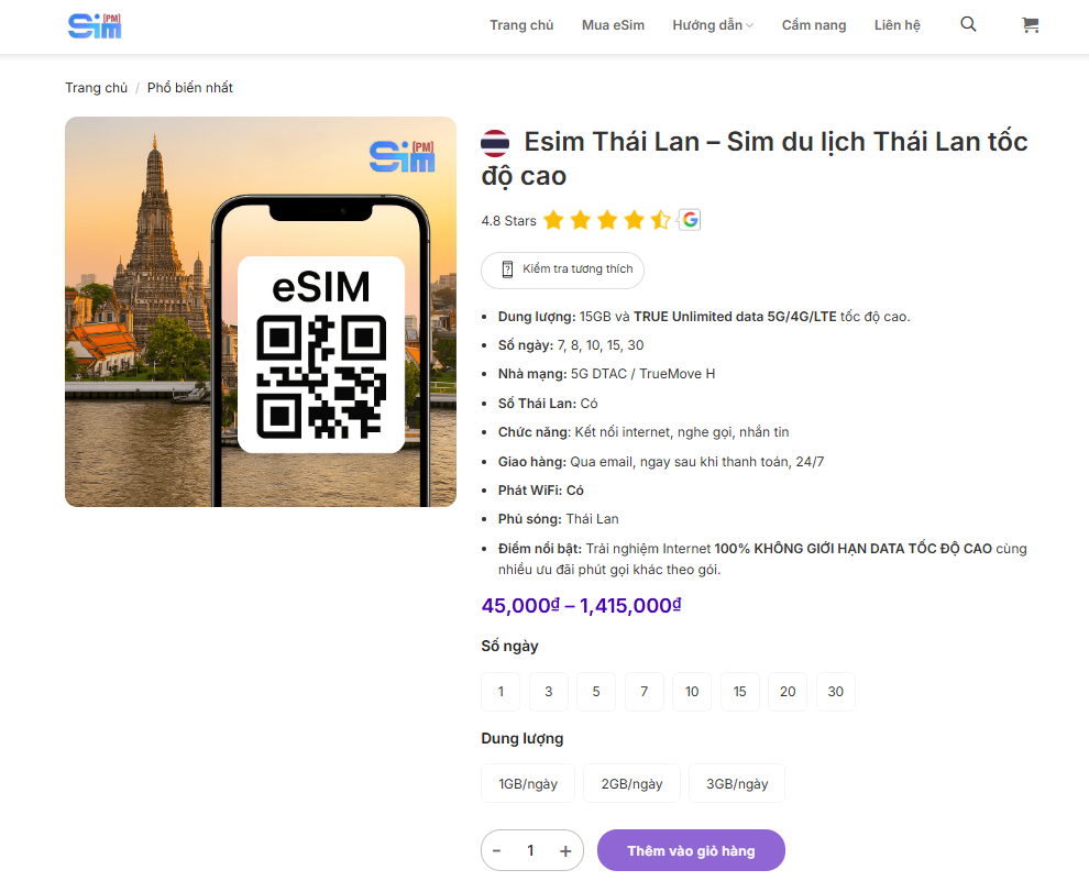 Ở Thái Lan có WiFi không? Cẩm nang kết nối Internet du lịch Thái Lan 2026 19 Các gói eSIM du lịch Thái Lan tại SimPM