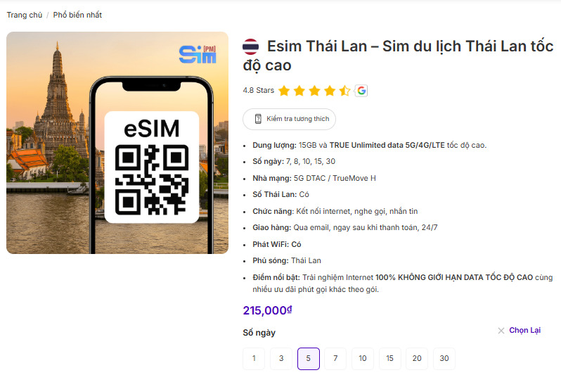 eSIM Thái Lan 5 ngày